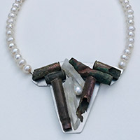 Necklace „Sibiria, unforgotten“-Freshwater Pearls, Stainless Steel, Rock Crystal, Cartridge Cases