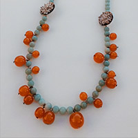 Necklace – silver, amber, pewter, Amazonite